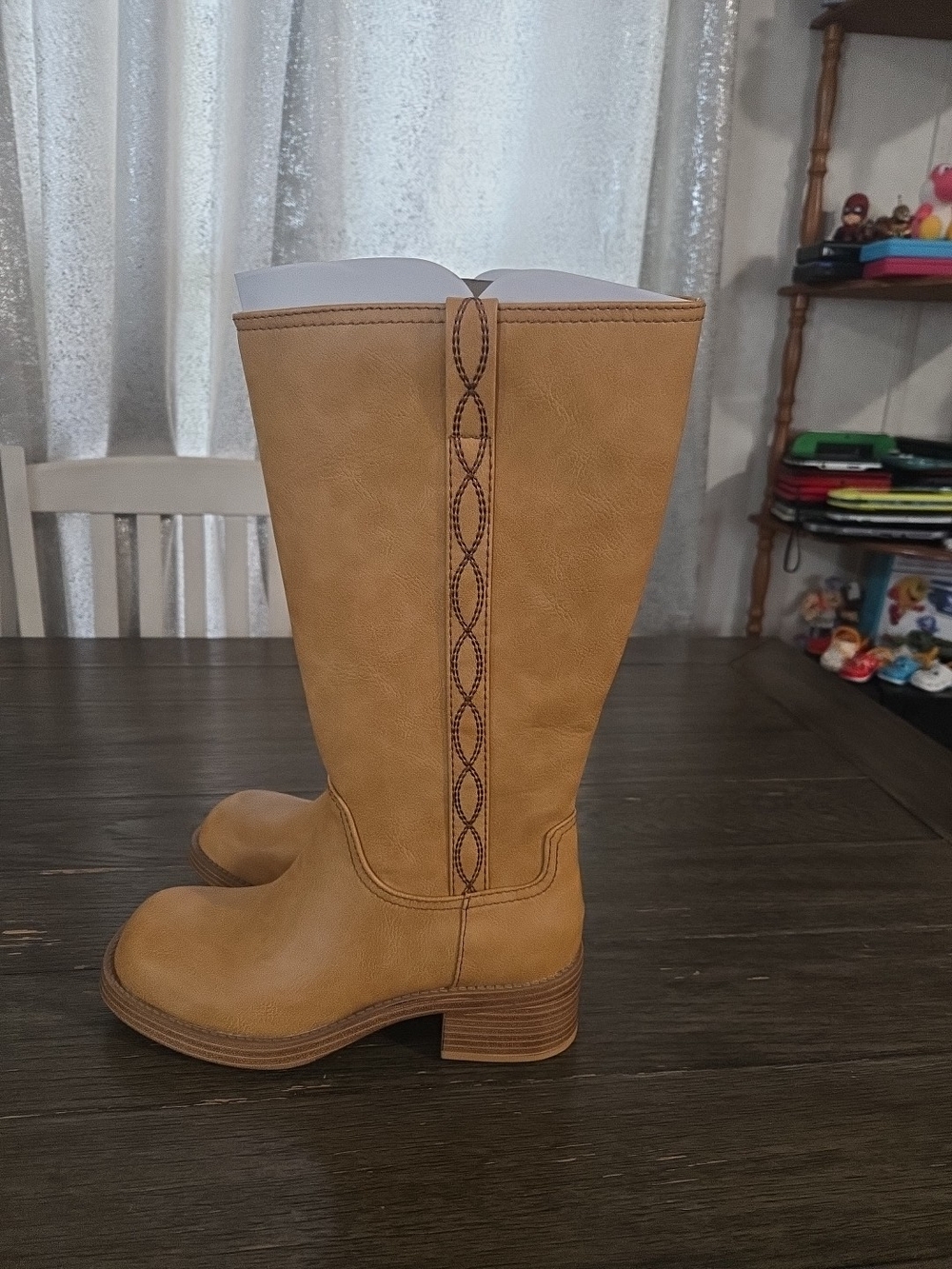 Knee-High Tan Block Heel Riding Boots - Picture 9 of 14